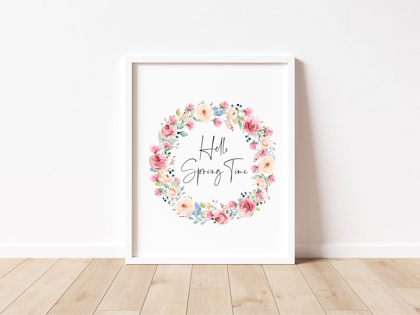 Hello Spring time Watercolour floral Wreath Print Wall Art (unframed)