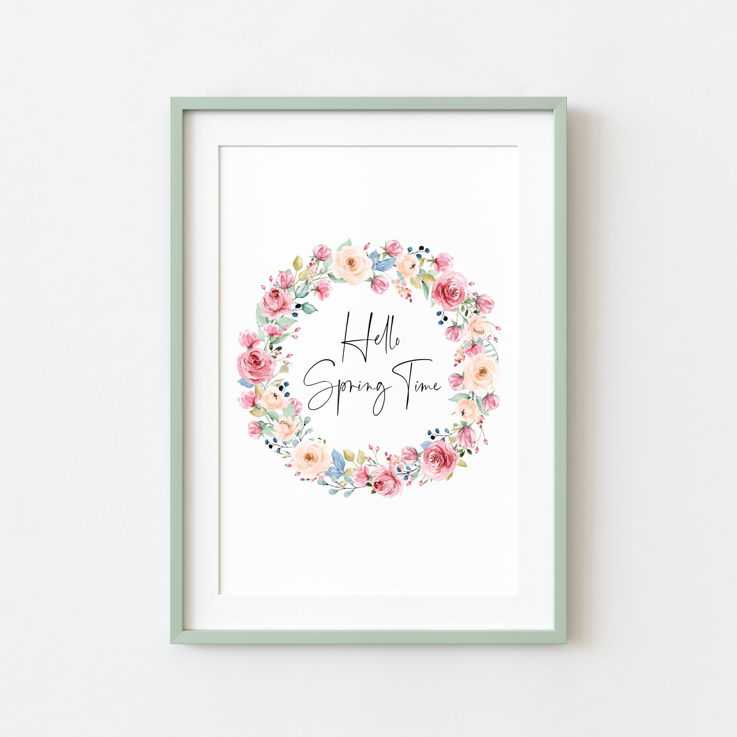 Hello Spring time Watercolour floral Wreath Print Wall Art (unframed)
