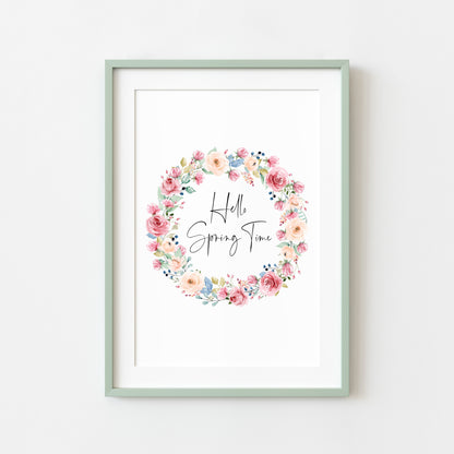 Hello Spring time Watercolour floral Wreath Print Wall Art (unframed)