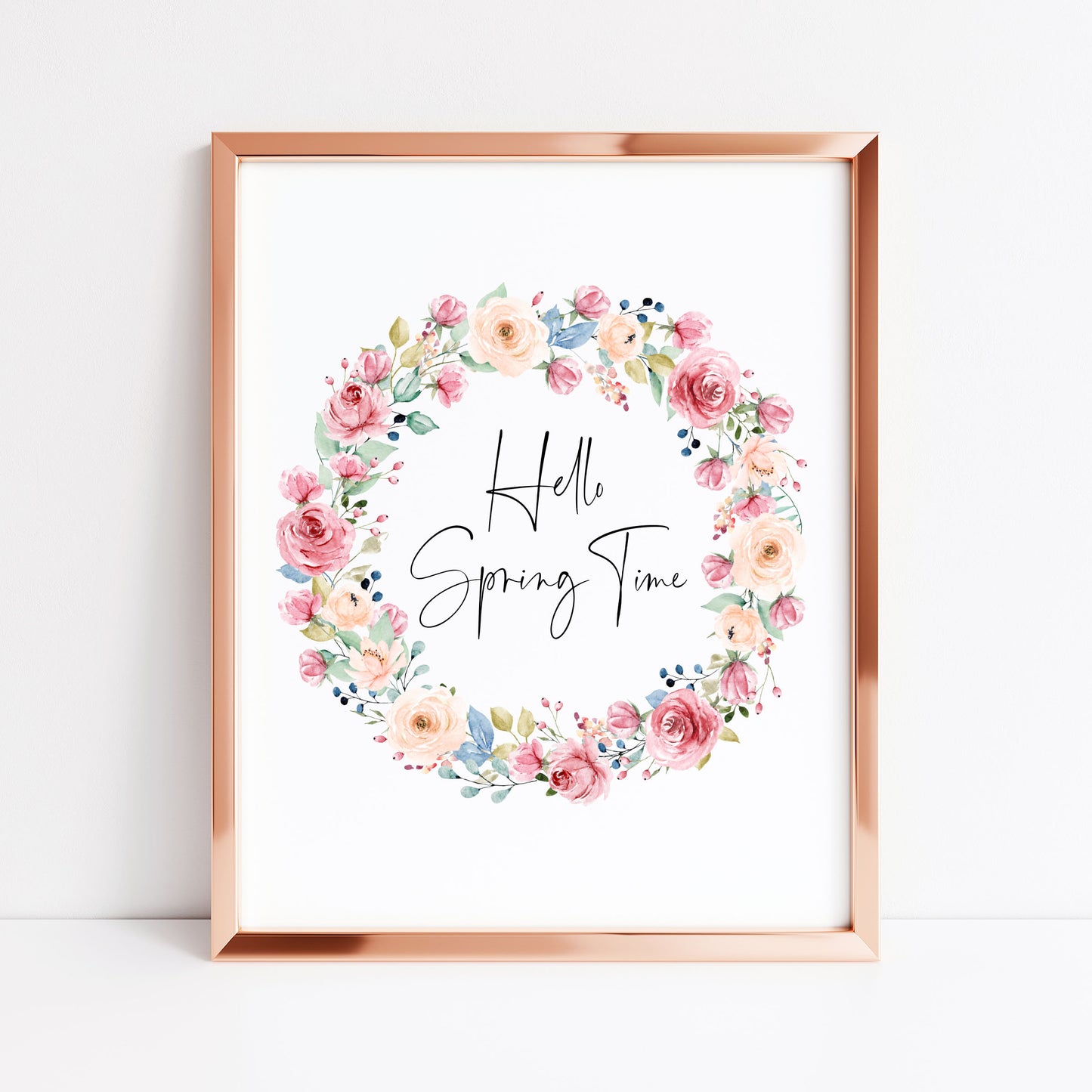 Hello Spring time Watercolour floral Wreath Print Wall Art (unframed)