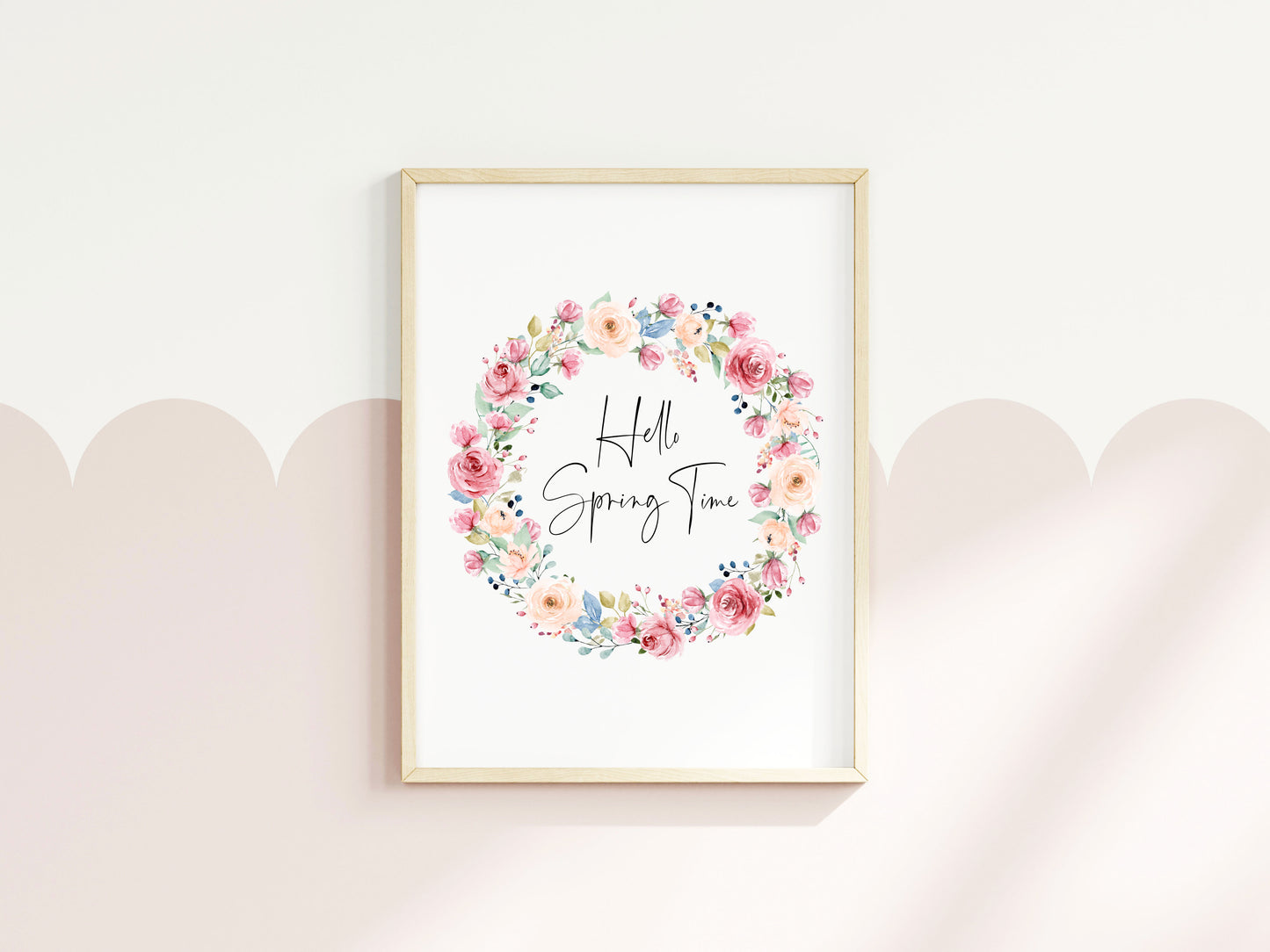 Hello Spring time Watercolour floral Wreath Print Wall Art (unframed)