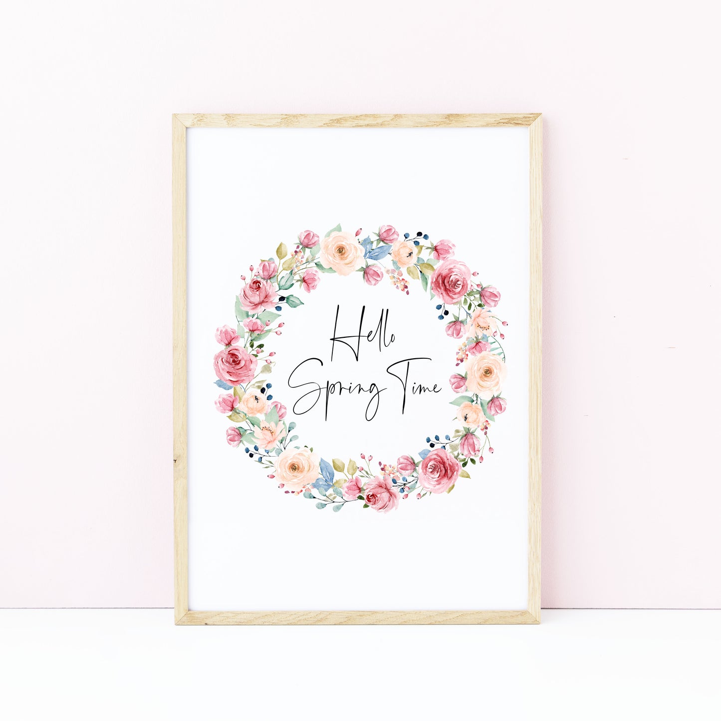 Hello Spring time Watercolour floral Wreath Print Wall Art (unframed)