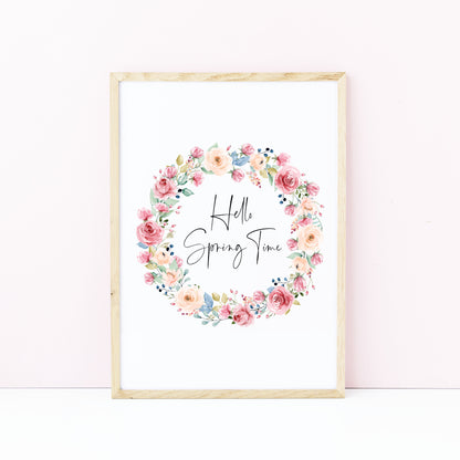 Hello Spring time Watercolour floral Wreath Print Wall Art (unframed)