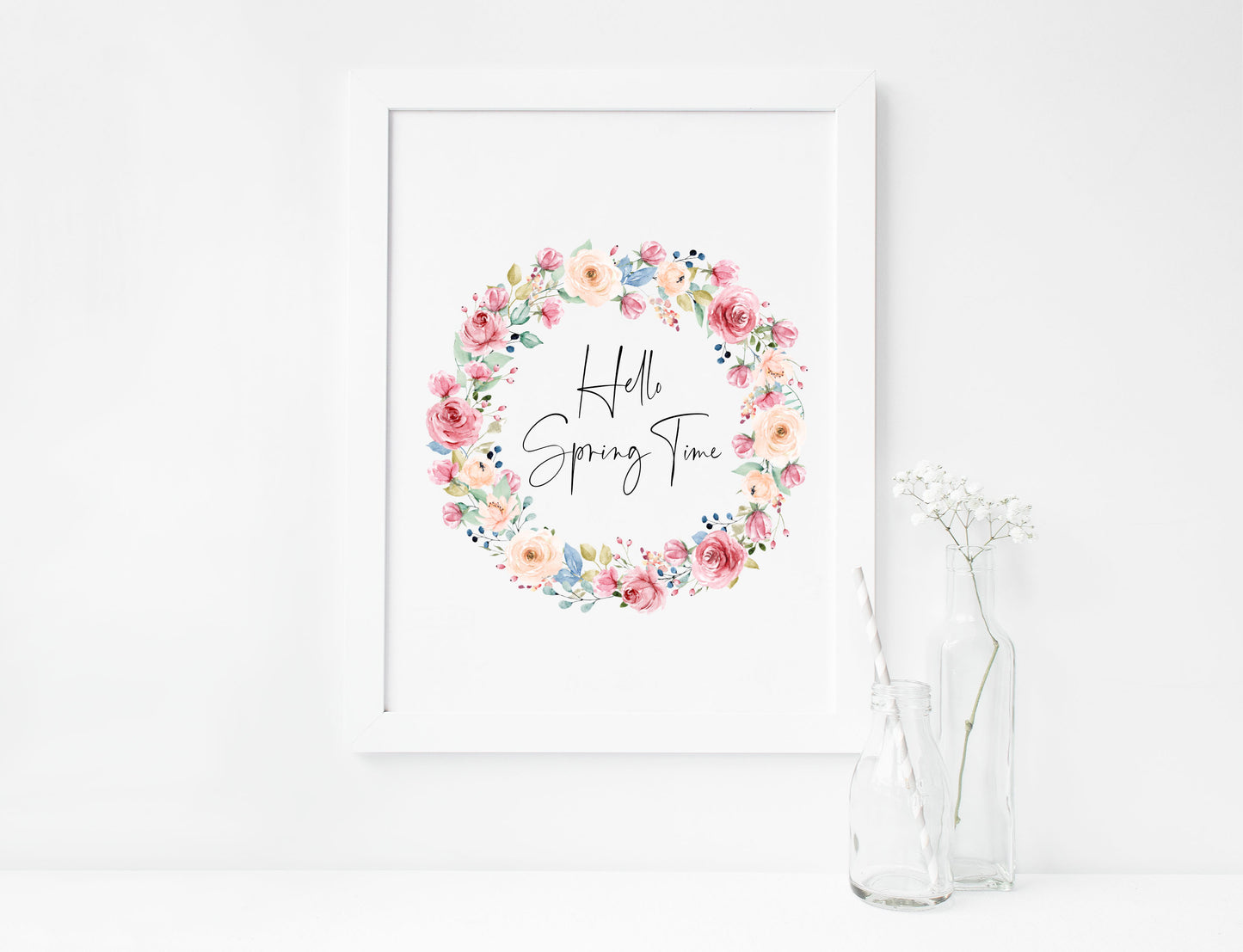 Hello Spring time Watercolour floral Wreath Print Wall Art (unframed)