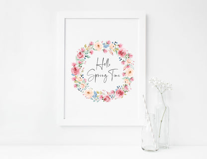 Hello Spring time Watercolour floral Wreath Print Wall Art (unframed)