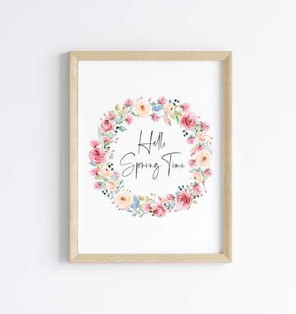 Hello Spring time Watercolour floral Wreath Print Wall Art (unframed)