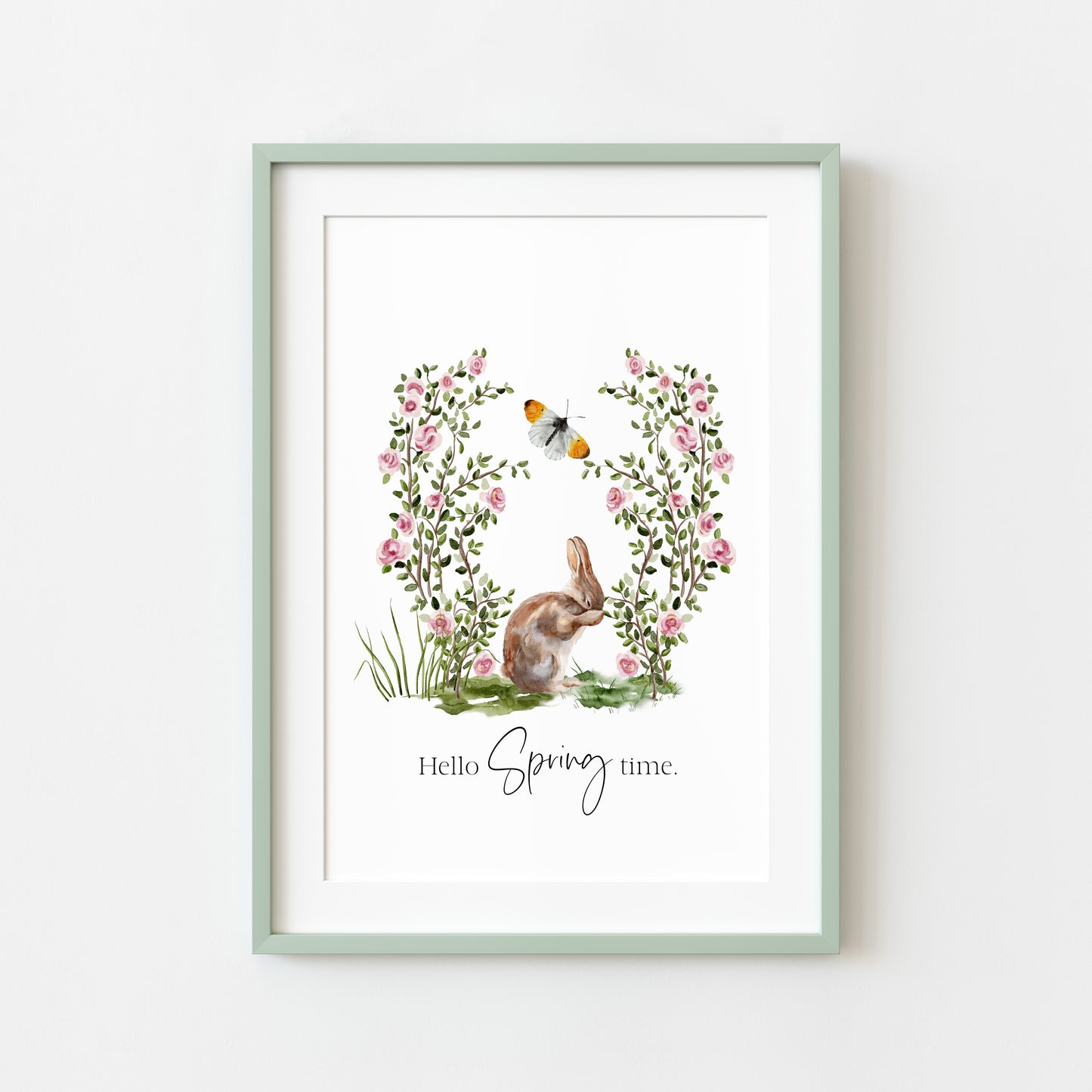 Hello spring time, cute bunny rabbit garden floral butterfly scenery seasonal unframed wall art poster print