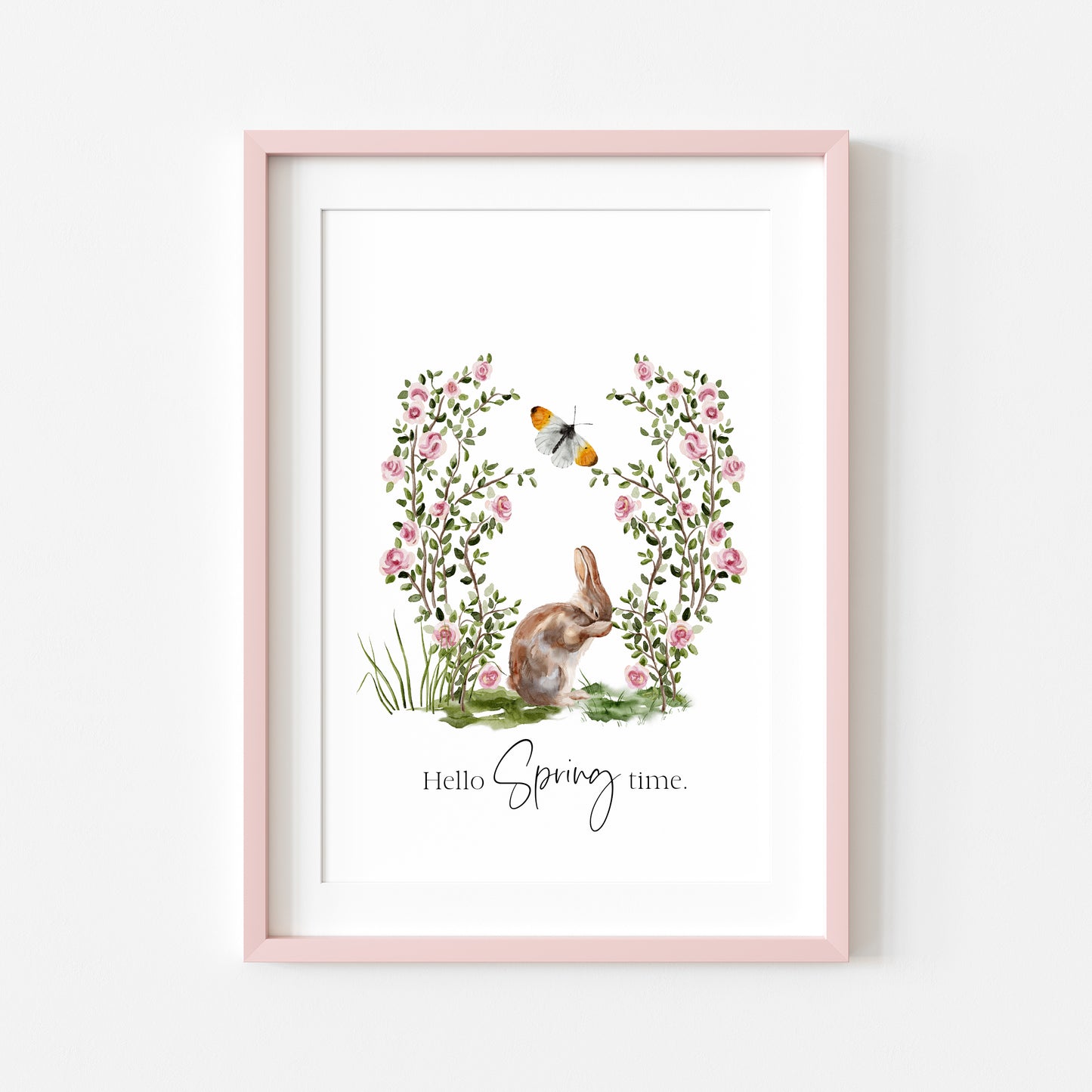 Hello spring time, cute bunny rabbit garden floral butterfly scenery seasonal unframed wall art poster print