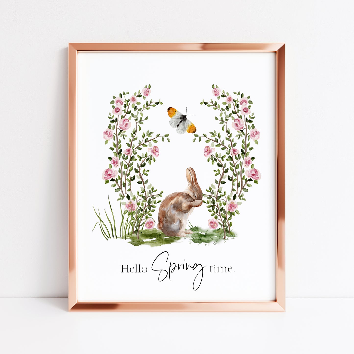 Hello spring time, cute bunny rabbit garden floral butterfly scenery seasonal unframed wall art poster print