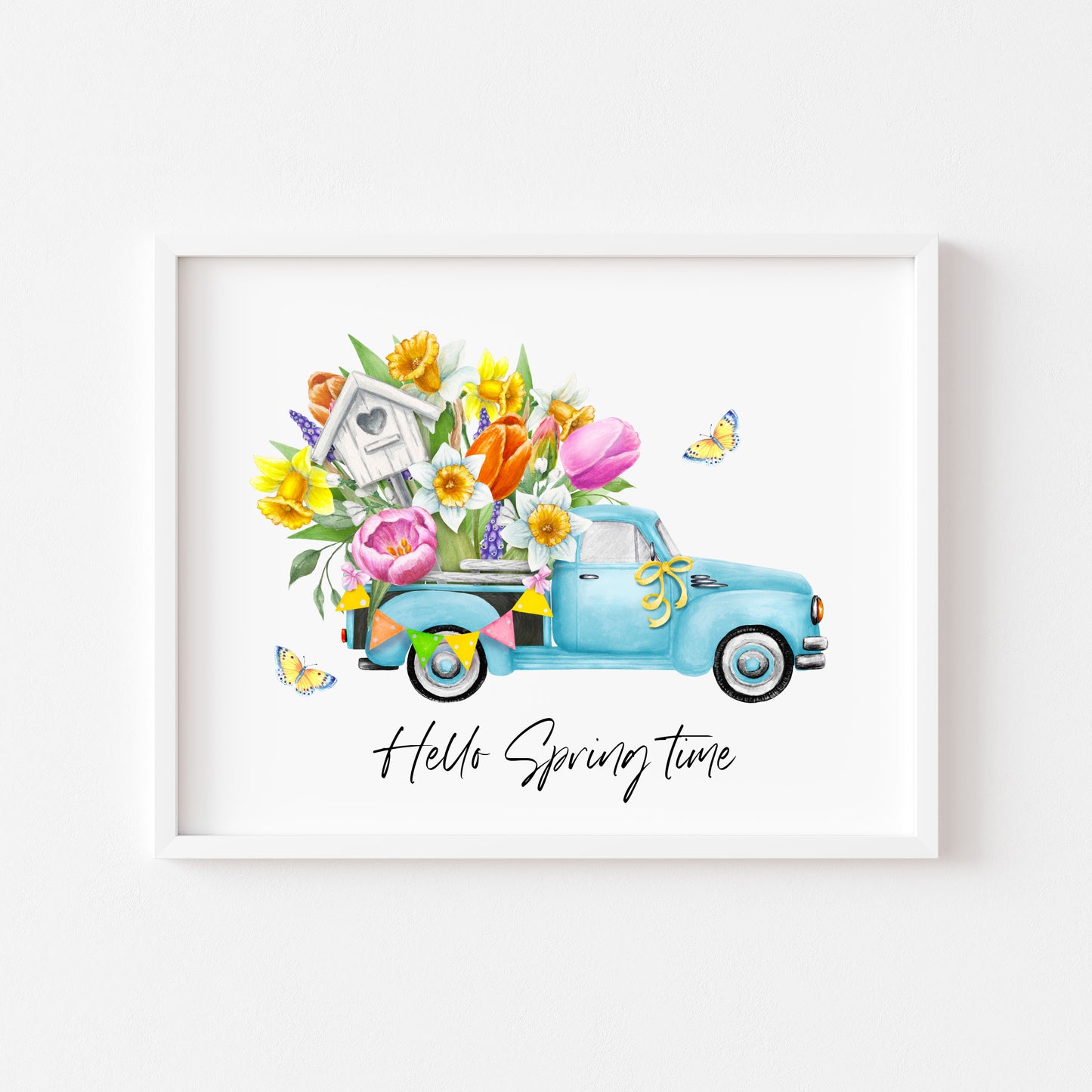 Hello spring time blue floral truck landscape seasonal home bedroom unframed wall art poster print