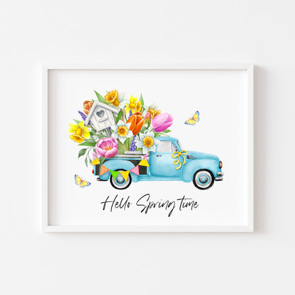 Hello spring time blue floral truck landscape seasonal home bedroom unframed wall art poster print