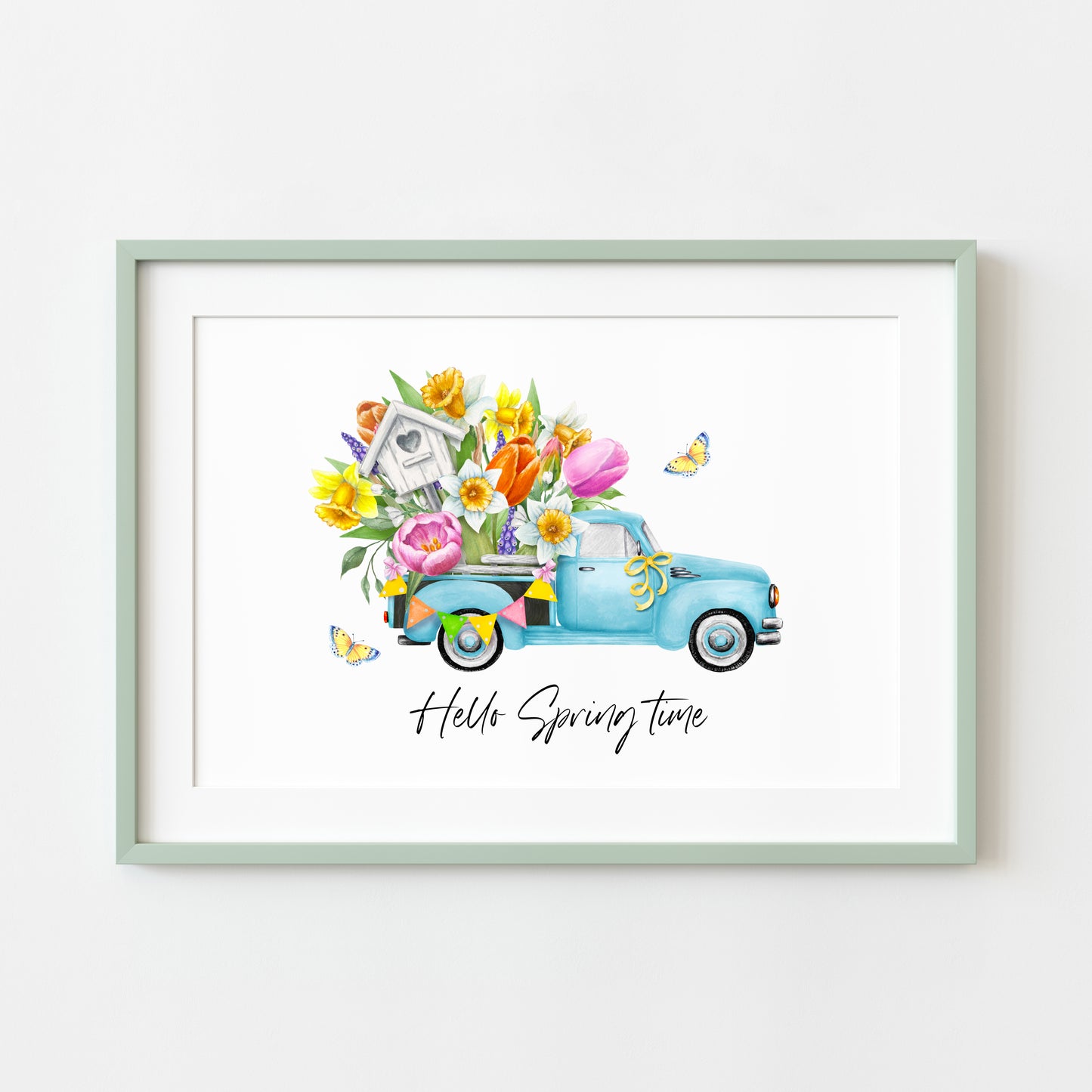 Hello spring time blue floral truck landscape seasonal home bedroom unframed wall art poster print