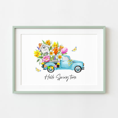 Hello spring time blue floral truck landscape seasonal home bedroom unframed wall art poster print