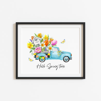 Hello spring time blue floral truck landscape seasonal home bedroom unframed wall art poster print