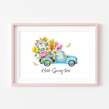 Hello spring time blue floral truck landscape seasonal home bedroom unframed wall art poster print