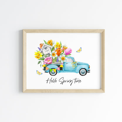 Hello spring time blue floral truck landscape seasonal home bedroom unframed wall art poster print