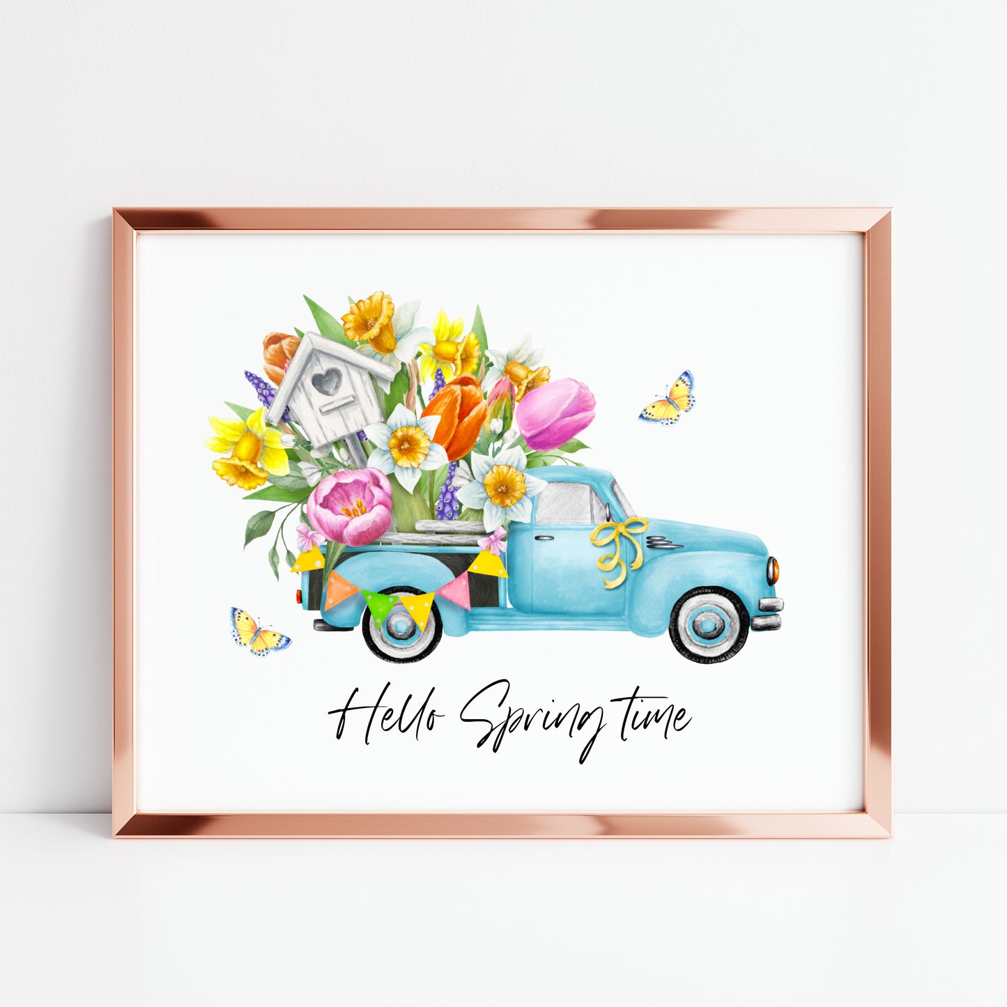 Hello spring time blue floral truck landscape seasonal home bedroom unframed wall art poster print