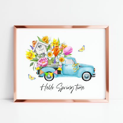 Hello spring time blue floral truck landscape seasonal home bedroom unframed wall art poster print