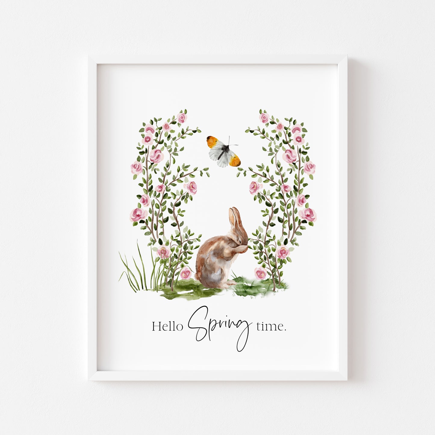 Hello spring time, cute bunny rabbit garden floral butterfly scenery seasonal unframed wall art poster print