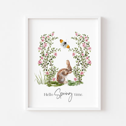 Hello spring time, cute bunny rabbit garden floral butterfly scenery seasonal unframed wall art poster print