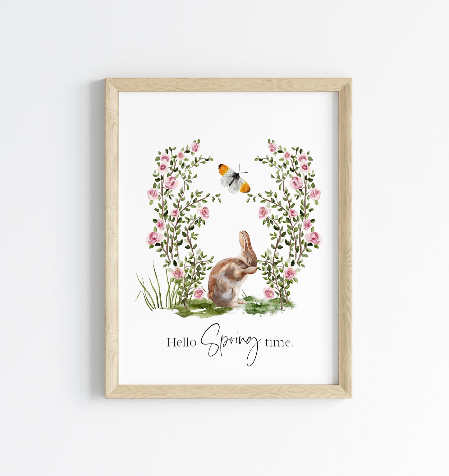 Hello spring time, cute bunny rabbit garden floral butterfly scenery seasonal unframed wall art poster print