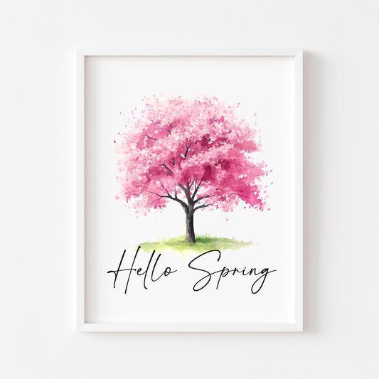 Spring print, cherry blossom tree pink hello spring Watercolour seasonal Art (unframed)