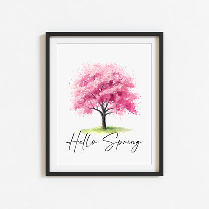 Spring print, cherry blossom tree pink hello spring Watercolour seasonal Art (unframed)