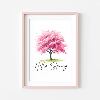 Spring print, cherry blossom tree pink hello spring Watercolour seasonal Art (unframed)