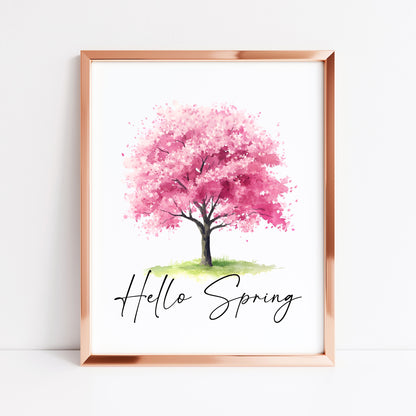 Spring print, cherry blossom tree pink hello spring Watercolour seasonal Art (unframed)