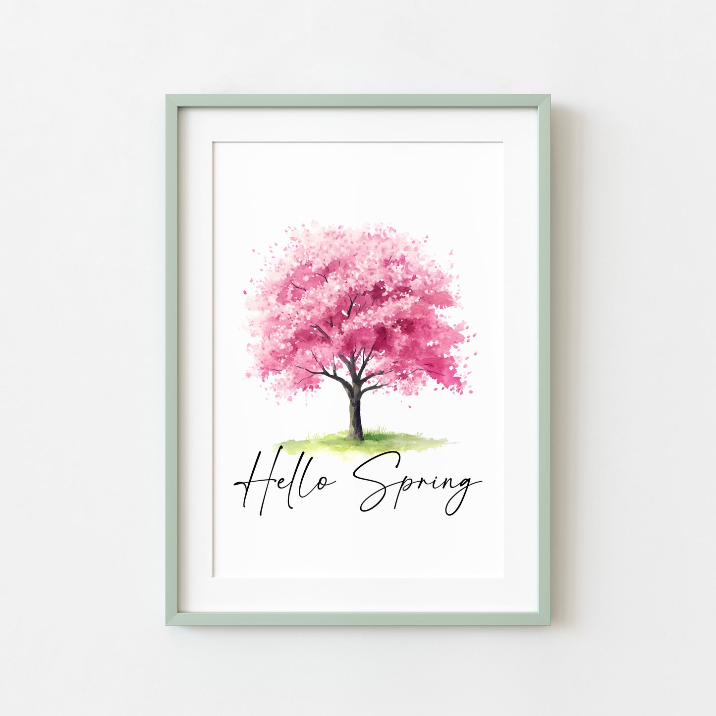 Spring print, cherry blossom tree pink hello spring Watercolour seasonal Art (unframed)