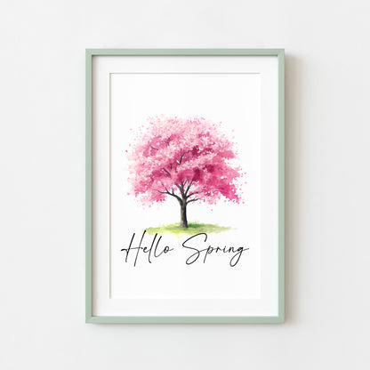 Spring print, cherry blossom tree pink hello spring Watercolour seasonal Art (unframed)