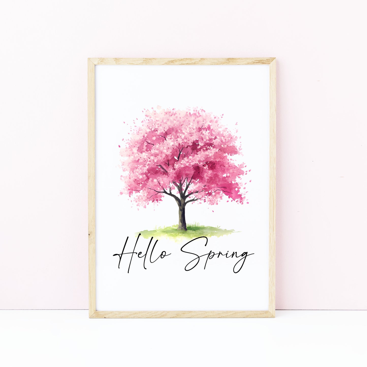 Spring print, cherry blossom tree pink hello spring Watercolour seasonal Art (unframed)