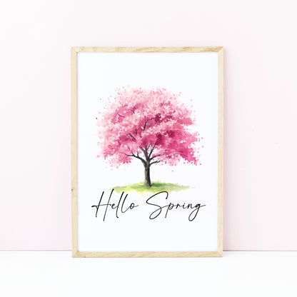 Spring print, cherry blossom tree pink hello spring Watercolour seasonal Art (unframed)