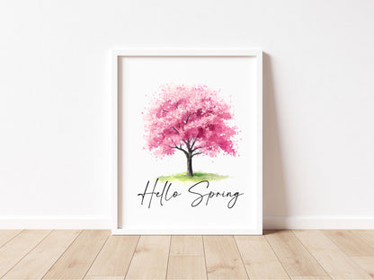 Spring print, cherry blossom tree pink hello spring Watercolour seasonal Art (unframed)