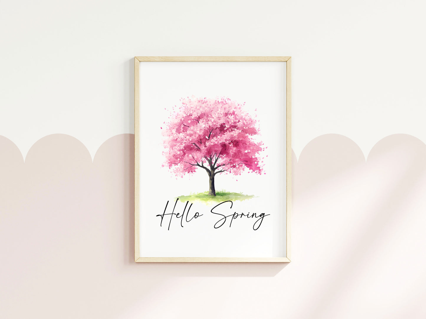 Spring print, cherry blossom tree pink hello spring Watercolour seasonal Art (unframed)