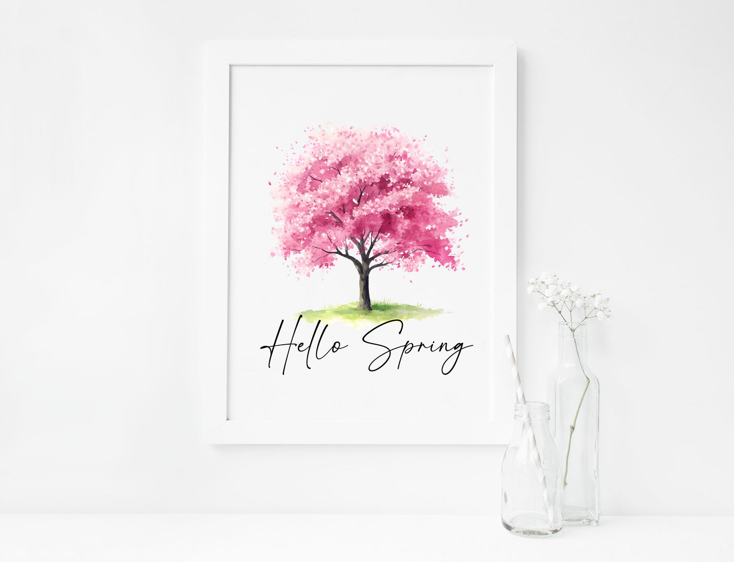 Spring print, cherry blossom tree pink hello spring Watercolour seasonal Art (unframed)