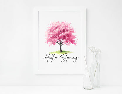 Spring print, cherry blossom tree pink hello spring Watercolour seasonal Art (unframed)