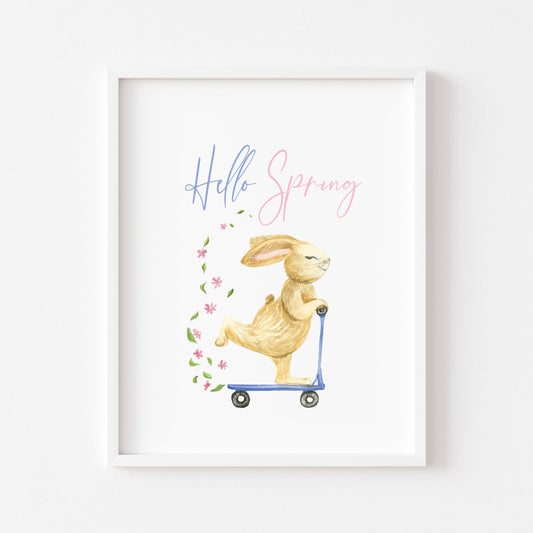 Hello Spring watercolour easter bunny blue & pink unframed wall art poster print