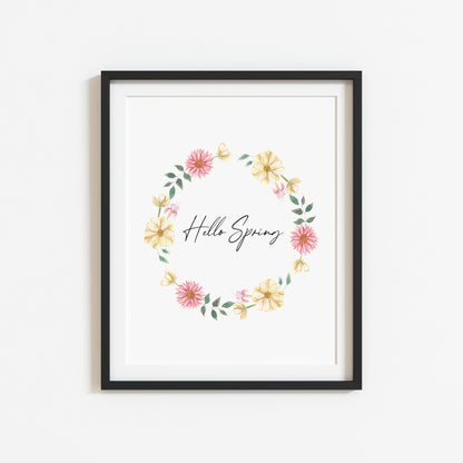 Hello spring watercolour floral wreath pink yellow seasonal unframed wall art poster print