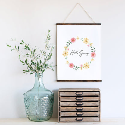 Hello spring watercolour floral wreath pink yellow seasonal unframed wall art poster print