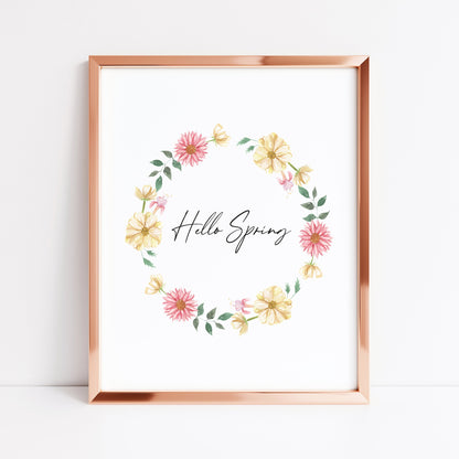 Hello spring watercolour floral wreath pink yellow seasonal unframed wall art poster print