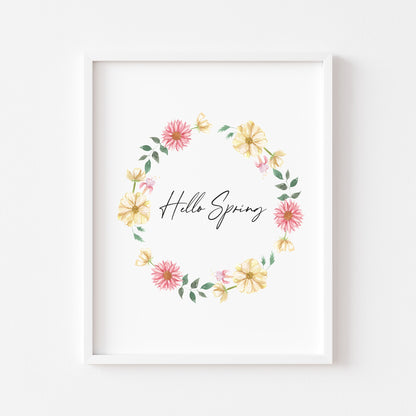 Hello spring watercolour floral wreath pink yellow seasonal unframed wall art poster print