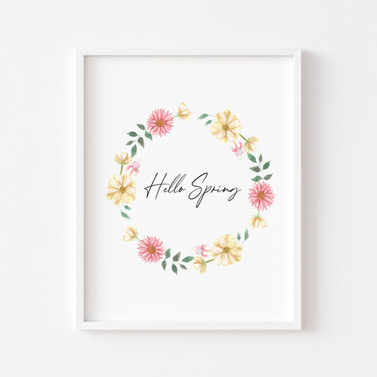 Hello spring watercolour floral wreath pink yellow seasonal unframed wall art poster print