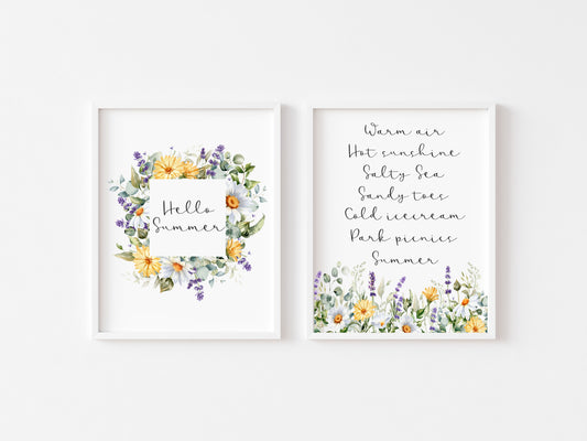 Set of 2 Summer prints, summer favourites, hello summer wildflower seasonal unframed wall art poster prints