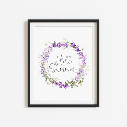 Hello Summer print floral lavender watercolour wreath unframed wall art poster print