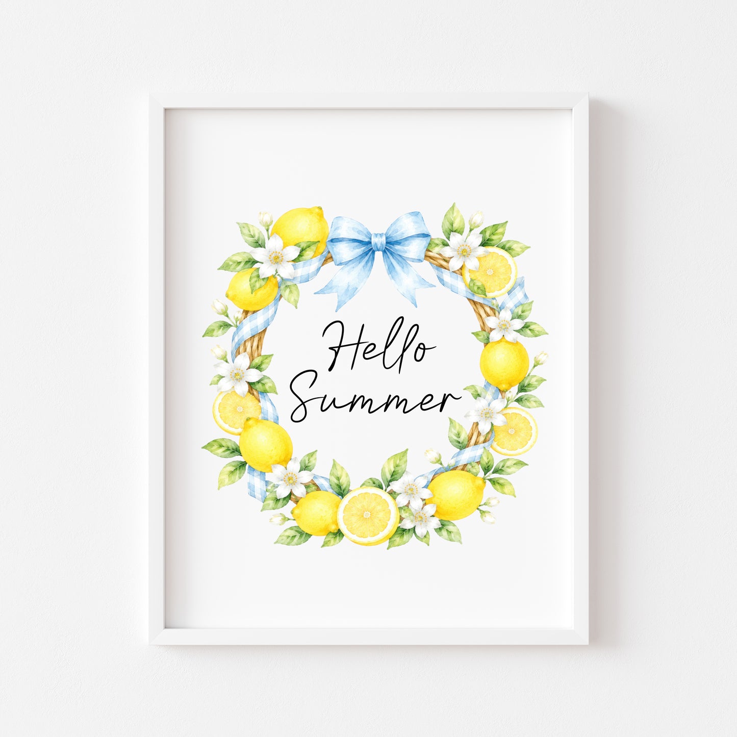 Hello Summer blue ribbon lemon wreath Print watercolour seasonal Home Decor (unframed)