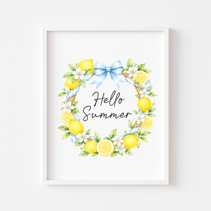 Hello Summer blue ribbon lemon wreath Print watercolour seasonal Home Decor (unframed)