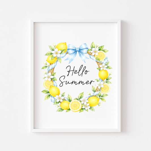Hello Summer blue ribbon lemon wreath Print watercolour seasonal Home Decor (unframed)