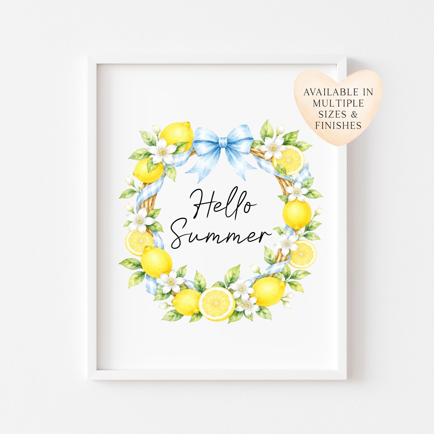 Hello Summer blue ribbon lemon wreath Print watercolour seasonal Home Decor (unframed)