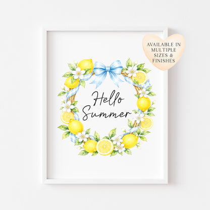 Hello Summer blue ribbon lemon wreath Print watercolour seasonal Home Decor (unframed)